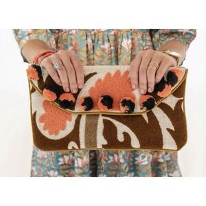 Rahab's Rope Cream &‎ Tan Embelished Woven Clutch Bag Pom Pom Details 13x7 Snap